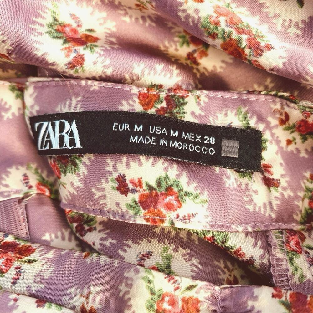 Zara Size M Floral Print Silky Satin Midi Dress Purple With Ruching Long Sleeve - Picture 12 of 12
